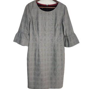 Talbots Glen Plaid Sheath Dress Size 6 Gray Black Houndstooth Bell Sleeve